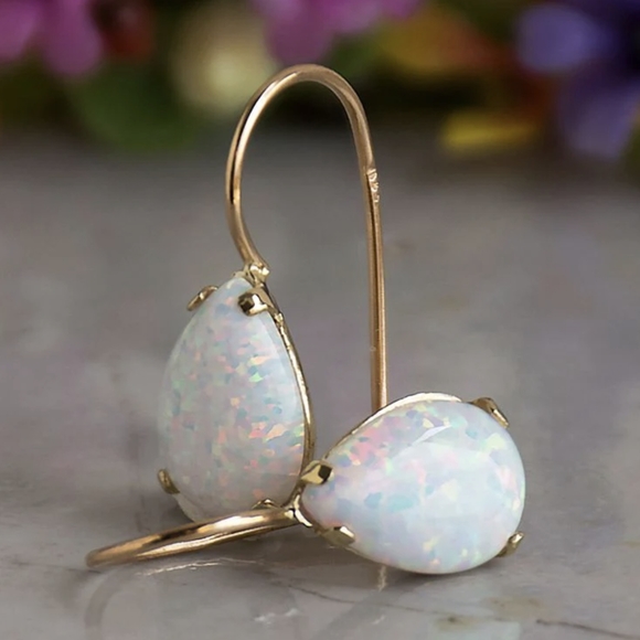 SOLD Adita 14k Yellow Gold Teardrop White Opal Necklace-Chain/Pendant/Earrings - Picture 6 of 11